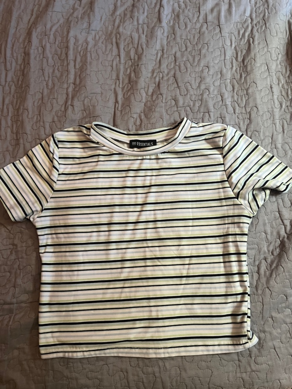 ESSENTIALS Striped Short Sleeve Tee in Cream, Black & Light Green